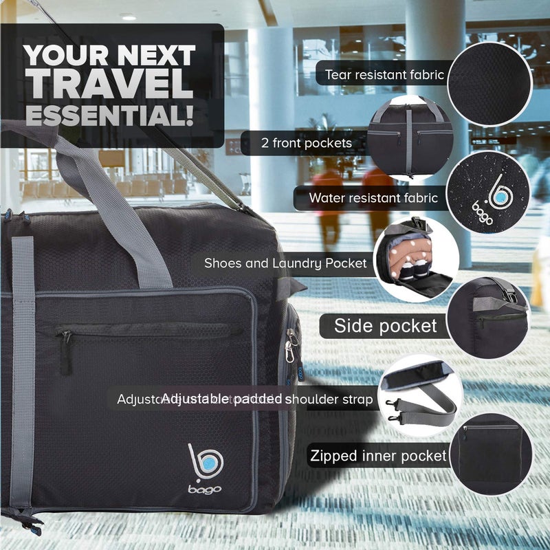 Bago Large Foldable Duffel Bags for Traveling Women & Men - 100L Packable Duffle Bag for Travel with Shoe Compartment - Water Repellant, Heavy Duty, Lightweight Folding & Collapsible (Black) - Image 3